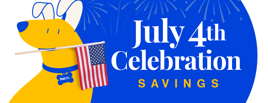 Illustration of a yellow Peticon dog wearing a blue collar with a 'Pet Supermarket’ tag, holding an American flag in its mouth, against a blue background with white fireworks. Text reads 'July 4th Celebration Savings' in white and yellow.