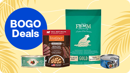 Image featuring products available in BOGO (Buy One Get One) deals. From left to right: Fromm Four-Star Nutritionals Duck à la Veg Wet Dog Food, Instinct Healthy Cravings Grain-Free Real Beef Recipe Dog Food Topper, Fromm Family Gold Dry Dog Food, and Fancy Feast Flaked Fish & Shrimp Feast Wet Cat Food.