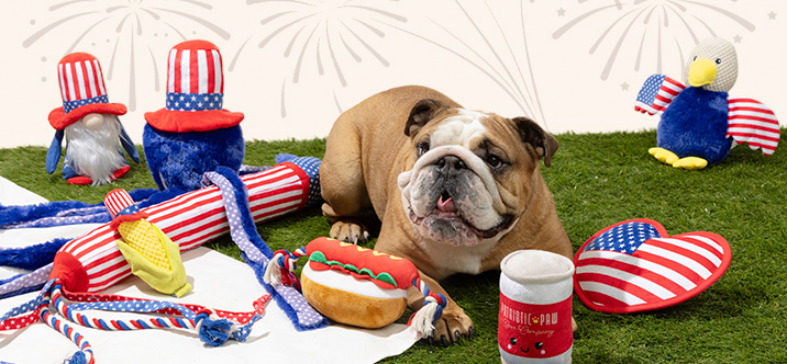 Bulldog with red, white, and blue plush toys